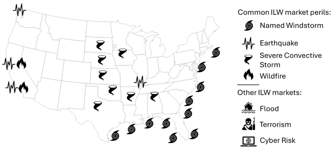 Map of the United States showing where the major ILW perils occur